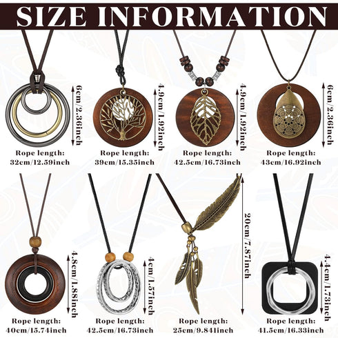 8 Pcs Long Wooden Pendant Necklaces for Women Bohemian Sweater Necklace Set Wooden Faux Leather Long Necklaces for Women Men Vintage Necklace Boho...