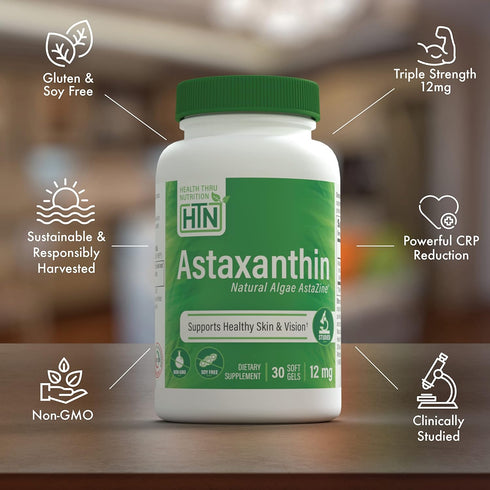 Health Thru Nutrition Astaxanthin Triple Strength 12mg 30 Softgels | AstaZine from Algae Organically Grown in Pristine Himalayan Water | Skin and ...