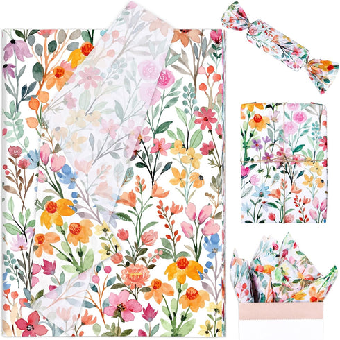Whaline 100 Sheets Floral Tissue Paper Watercolor Flower Gift Wrapping Paper Colorful Wildflower DIY Art Craft Paper for Spring Wedding Birthday B...