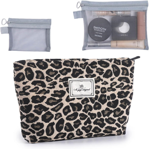 Leopard Print Makeup Bag for Purse Zipper Cosmetic Bag Large Capacity Canvas Makeup Bags Travel Cute Aesthetic Toiletry Bag Accessories Organizer,...