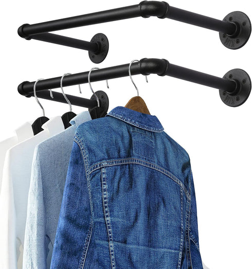 OROPY Industrial Pipe Clothes Rack 21.2” Set of 2, Heavy Duty Wall Mounted Black Iron Garment Bar, Multi-Purpose Clothing Hanging Rod for Laundry ...