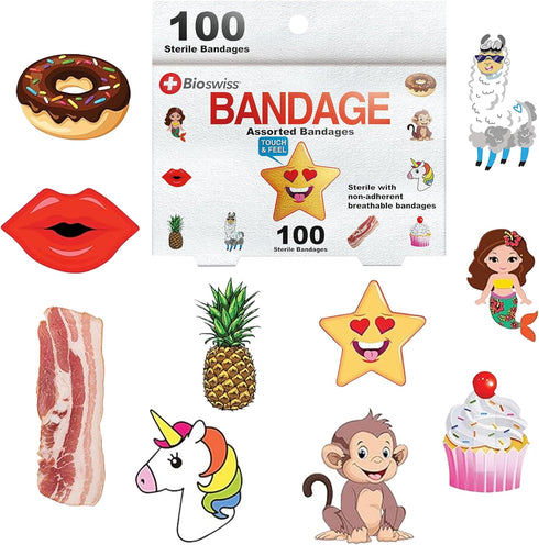 BioSwiss Bandages, Assorted Animal, Fun, and Food Shaped Self Adhesive Bandage, Latex Free Sterile Wound Care, 100 Count...
