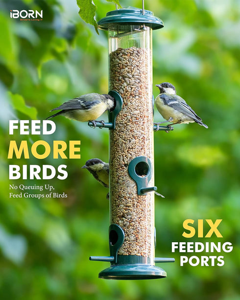 iBorn Metal Bird Feeders 6 Ports Hanging Wild Bird Seed Feeder for Mix Seed Blends, Niger Seed Feeder, Sunflower Heart, Birdbath, Heavy Duty All M...