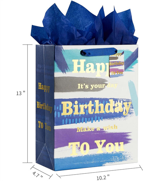 13" Large Happy Birthday Gift Bag with Card and Tissue Paper (Blue)...