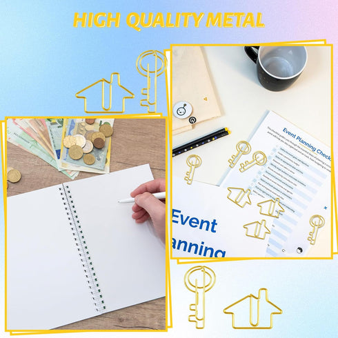 100 pcs Cute Paper Clips 50 pcs Gold Key Shaped Wire Paper Clips 50 pcs House Shaped Paper Clips Mini Paperclips for Office School Supplies Weddin...