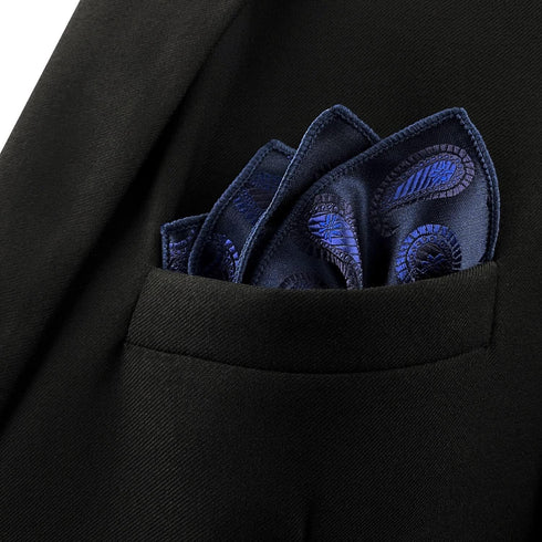 SHLAX&WING Navy Paisley Mens Pocket Square Silk Hanky Business Dark Blue...