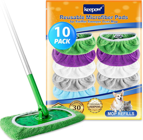 KEEPOW Reusable Microfiber Mop Pads for Swiffer Sweeper Mop, Washable Wet Pad Refills for Wet & Dry Use, Microfiber Dry Sweeping Cloths for Hardwo...