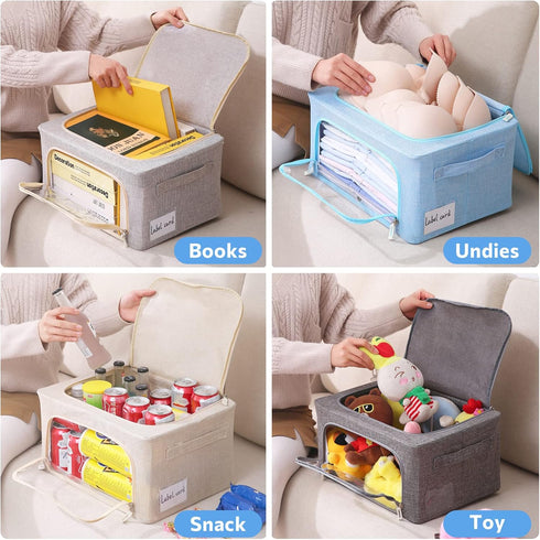 Clothes Storage Bins Box - Linen Fabric Foldable Stackable Container Organizer Set with Clear Window & Carry Handles & Metal Frame - 2Pack Large C...