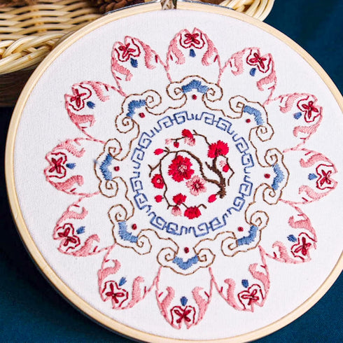 Whaline 4 Mandala Embroidery Starter Kit with Instruction Plum Blossom Chrysanthemum Orchid Lotus Needlepoint Cross Stitch Kit with Embroidery Hoo...