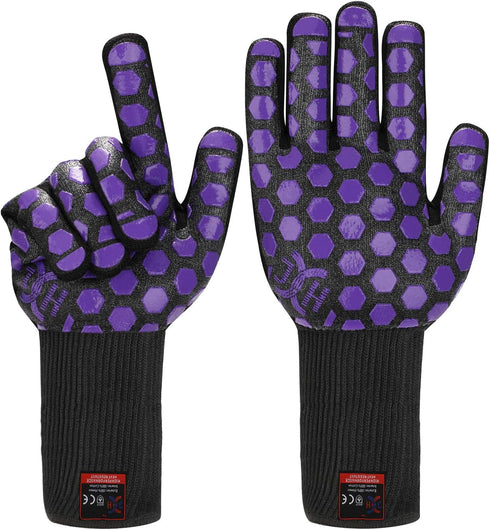 J H Heat Resistant Oven Glove:EN407 Certified 932 °F, 2 Layers Silicone Coating, Oven Mitts for Cooking, Kitchen, Fireplace,Camping, Grilling (Bla...