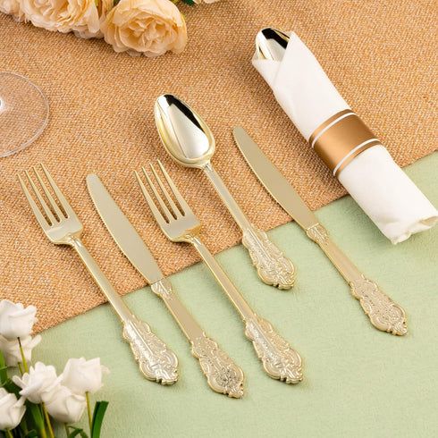 75PCS Gold Plastic Silverware for 25 Guests, Heavy Duty Gold Disposable Utensils Sets, Includes 25 Forks, 25 Spoons, 25 Knives, Elegant Cutlery Pe...