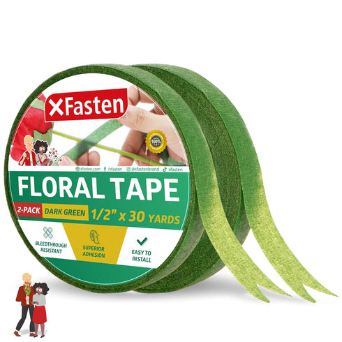 XFasten Wide Floral Tapes for Bouquet 1/2-Inch x 30 Yards - Dark Green (2-Pack) Bouquet Stem Wrap Tape for Florist – Waterproof Boutineer Tape for...