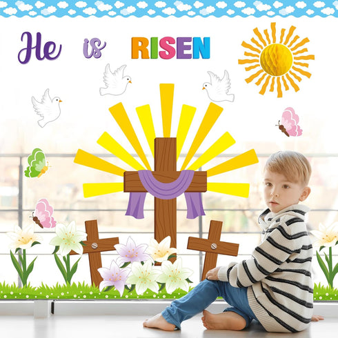 BeYumi 95Pcs Easter He is Risen Cross Bulletin Board Set Sun Honeycomb Jesus Resurrection Cross Lily Cutouts Trim Border Christian Religious Bible...