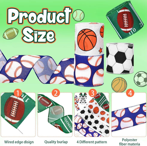 4 Rolls 20 Yards Sports Themed Wired Edge Ribbon, 2.5" Football Baseball Basketball Soccer Printed Burlap Ribbon for Birthday Sports Camp Party De...