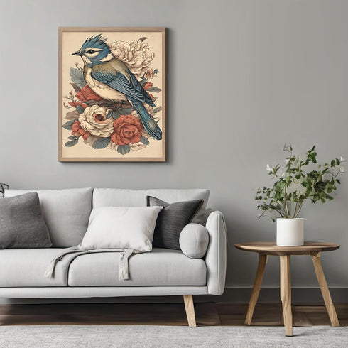 Posterizer 1 pcs- Blue bird standing on red and white flowers-Art for Animal Lovers-Floral Botanical Art- Gift for Men Women Teens-Decor for Home...