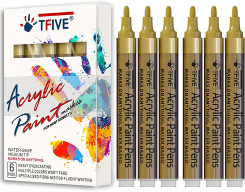 Gold Acrylic Paint Marker Pens - 2-3mm Medium Tip, 6 Pack Permanent Gold Water Based Paint Pen for DIY Projects, Paintings for Rock, Fabric, Wood,...