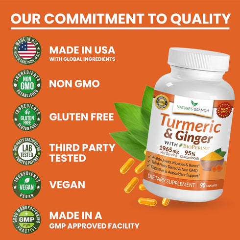 Extra Strength Turmeric Curcumin and Ginger & BioPerine - 1965mg Joint Support Supplement for Aches with Black Pepper Powder Extract - Premium Mad...