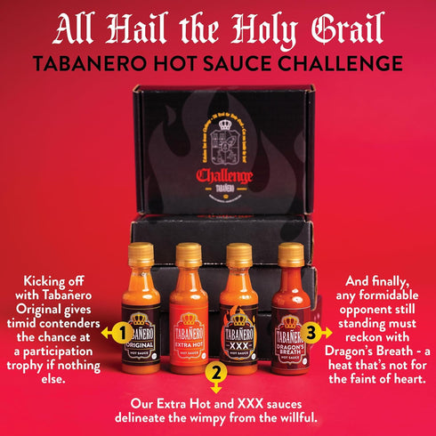 Mini Hot Sauce Challenge Box by Tabañero, Original, Extra Hot, XXX Hot & Dragon’s Breath, Hot Sauce Gift, Gluten Free, All Natural, Low Sodium, Ve...