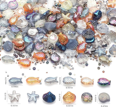 KINGSHINE 650pcs Starfish Beads Shell Beads Snails Beads Fish Glass Beads for Jewelry Making,Ocean Themed Colorful Star Beads for Bracelet Making,...