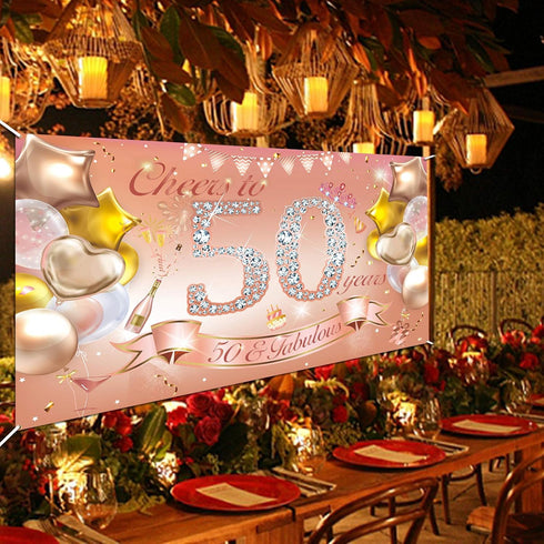 HOWAF Woman 50th Birthday Party Decoration Rose Gold Fabric Banner, 50th Birthday Photo Backdrop, Wall Garden Table Decoration Supplies...