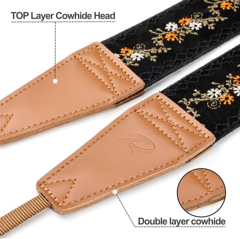Padwa Lifestyle Camera Strap - 2" Full Grain Leather Ends Camera Straps for Photographers, Vintage Embroidered Cotton Weave Soft Suede Fabric Padd...