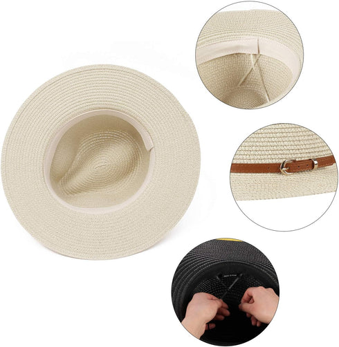 Straw Sun Hats for Women Men Panama Fedora Summer Hat with Leather Belt Wide Brim Beach Sun Jazz Cap...
