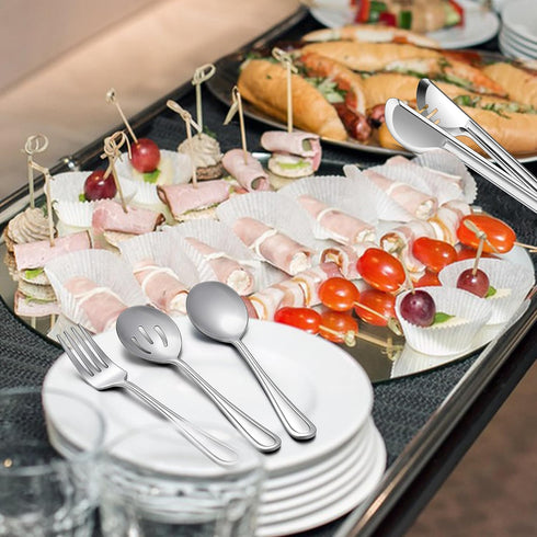 E-far Serving Utensils, 6 Pieces Stainless Steel Serving Spoon, Slotted Spoon, Fork, Tong, Cake Server and Butter Knife for Parties Buffet Banquet...