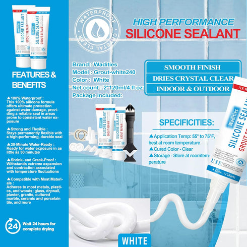 8Oz White Waterproof Caulk & Seal Silicone Sealant, Wadities Tile Grout Repair Kit with Grout Remove Scraper, Shrink & Crack Proof for Bathroom, S...