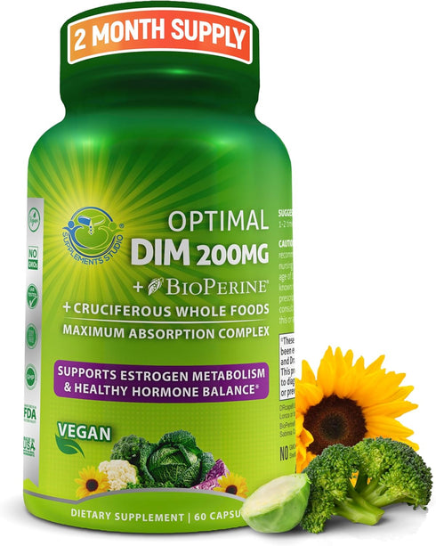 Optimal DIM 200mg Supplement for Women and Men - Made with Organic Whole Foods - Estrogen & Hormone Balance Support Diindolylmethane Complex - Max...