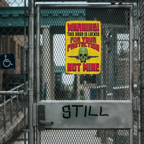Funny No Trespassing Sign, Metal Warning Tin Signs, Door is Locked for your Protection, Yard Sign Garage Farm Garden Wall Decor Plaque Outdoor for...