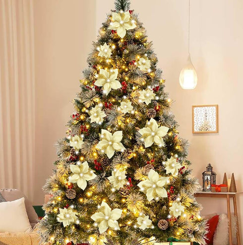 Geefuun 28PCS Christmas Tree Decorations: Poinsettias Artificial Flowers Ornaments Xmas Gold Glitter Flower with Clips...