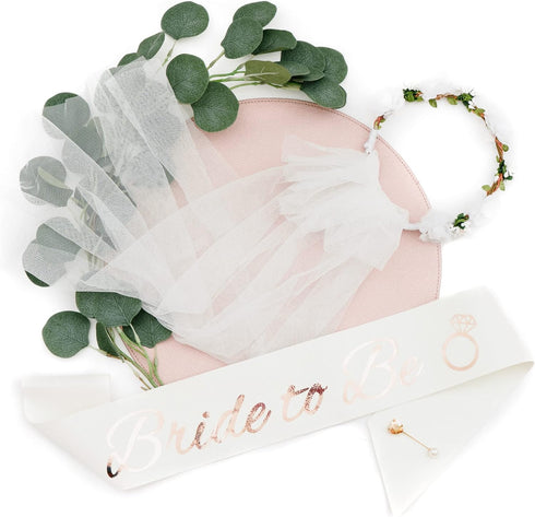 PapaKit Premium Bride to Be Party Sash, Floral Veil & Jewelry Pin Set, Glitter Sparkling Pearl White | Bachelorette Bridal Shower Engagement Weddi...