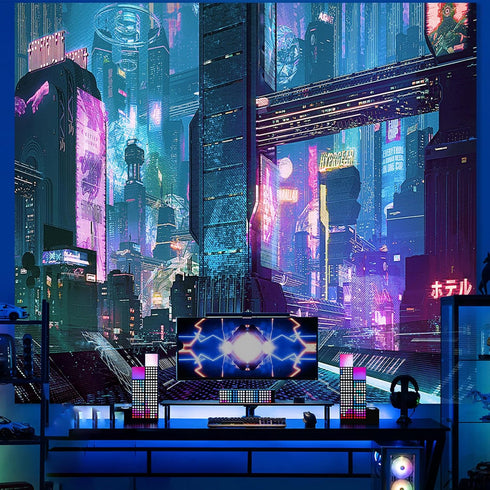 Honcet Anime Punk Neon Cityscape Wall Tapestry for Bedroom, Japanese Punk Street Cityscape Room Decor Tapestries, Futuristic Neon Skyscraper Tapes...