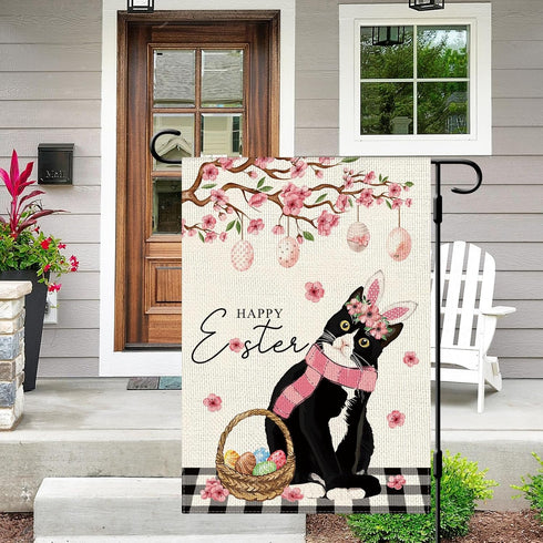 Happy Easter Cat Garden Flag Eggs Tuxedo Cat Floral Garden Flag 12×18 Inch Double Sided Buffalo Plaid Farmhouse Yard Flag Spring Holiday Outdoor D...