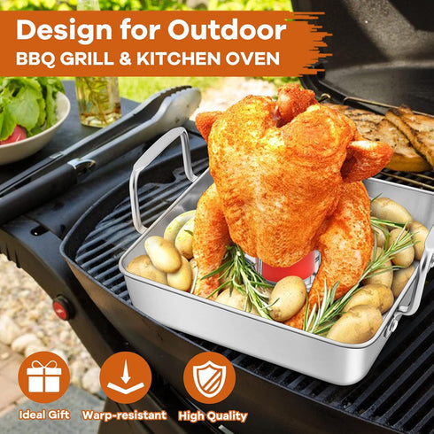 Roasting Pan with Beer Can Chicken Holder, Joyfair 9-inch Stainless Steel Square Baking Pans & Roaster Grill Racks, Great for Baking Oven BBQ Gril...