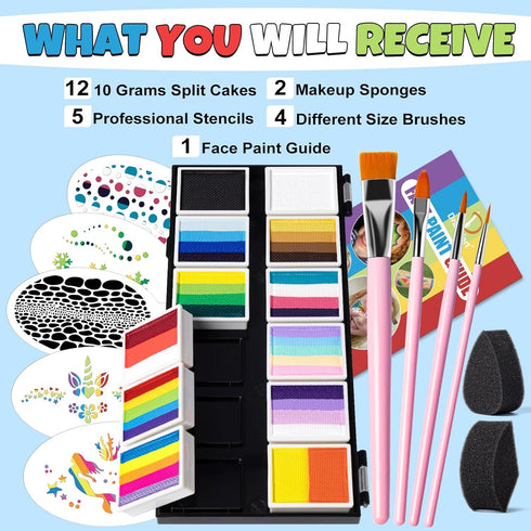 Professional Face Painting Kit for Kids Adults, Split Cake Face Paint Palette 12 x 10gm with Stencil, One Stroke Non Toxic Rainbow Face Body Paint...