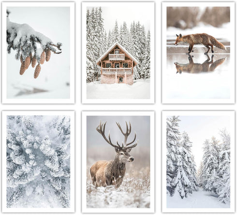 Canssape Snow Landscape Wall Poster Nature Wall Art Decor Set of 6 Winter Poster Prints Forest Botanical Wall Decor Elk Squirrel Painting Aestheti...
