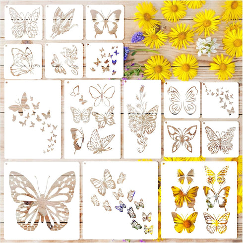 16 Pieces Butterfly Stencils for Painting, Reusable Plastic Spring Templates Flower Butterflies Stencils for Painting Craft Wood Canvas Fabric Nat...