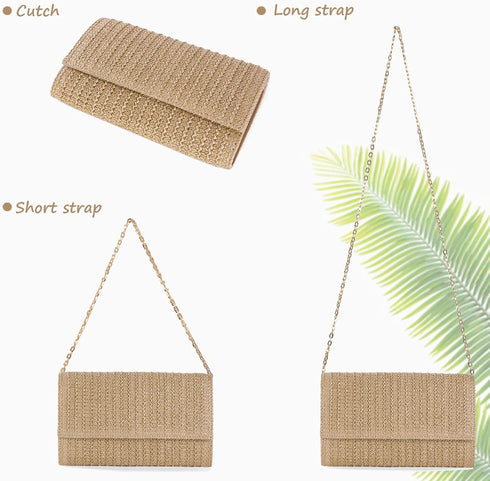 Straw Shoulder Crossbody Bag, Chain Evening Purse Envelope Clutch Handbag Summer Beach Bag...
