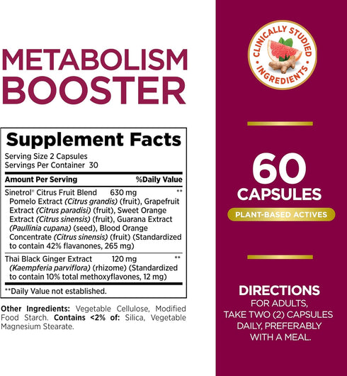 Nature’s Bounty Metabolism Booster Supplement, Boosts Fat Metabolism, Promotes Abdominal Fat Loss, with Citrus Extracts and Black Ginger, 60 Capsu...