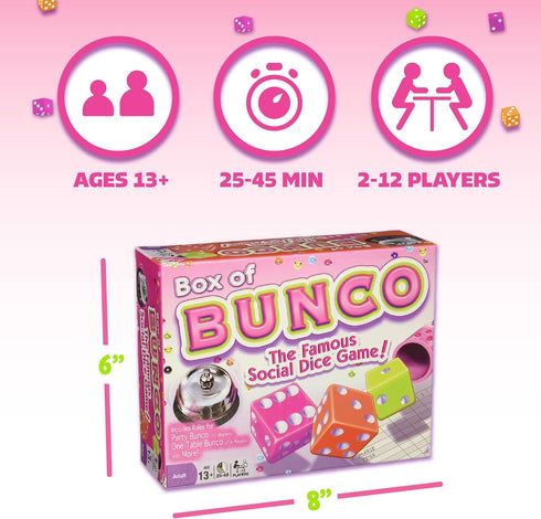 Continuum Games Box of Bunco Game Kit Party Box for Ladies Night 2-12 Players 3 Sets of Bunco Dice, Bell, and Score Pad for Game Night...