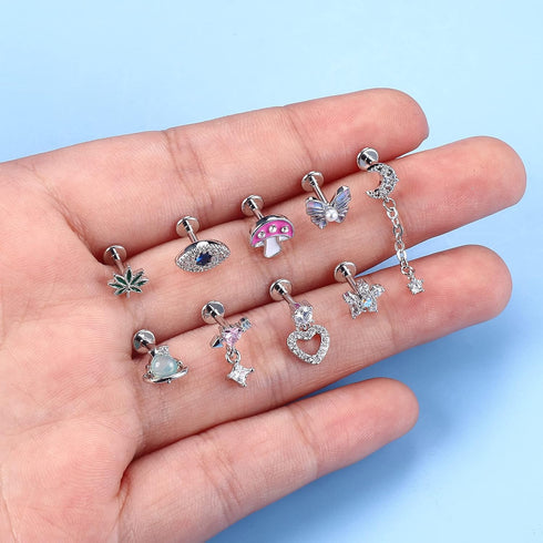 Sanfenly Tragus Stud Earrings 16G Stainless Steel Cute Butterfly Flower Moon Heart Dangle Cartilage Conch Helix Tragus Piercing Jewelry Set...
