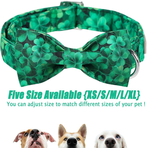 St.Patrick's Day Clover Dog Collars with Bow Tie,Green Abstract Clover Soft Cotton with Safety Metal Buckle Adjustable Puppy Collars for Small Boy...
