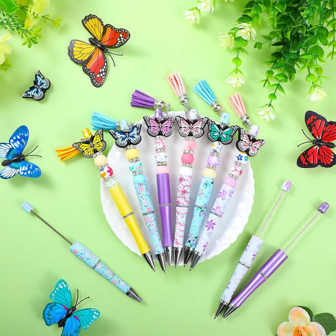 12 Pcs Plastic Beadable Pens Butterfly Themed Bead Ballpoint Pen with Assorted Spacer Beads Silicone Beads Tassels Lobster Clasps and Packaging Ba...