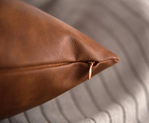 Faux Leather Throw Pillow Covers 16x16 inch, Set of 2 Thick Cognac Brown Modern Boho Farmhouse Decor Small Square Decorative Bedroom Living Room C...