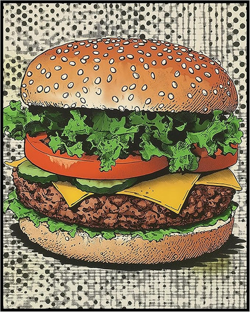 Posterizer 1 pcs-A juicy colorful hamburger-comic book inspired food art -3-Kitchen & Bar Art Art for Cafe, Restaurant, Coffee Bar - unframed wal...