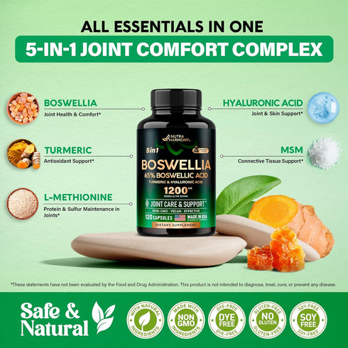 Boswellia Extract Capsules - Boswellia Serrata 1200mg, 65% Boswellic Acid - Joint Comfort & Health Support Supplement - w/Turmeric, Hyaluronic Aci...