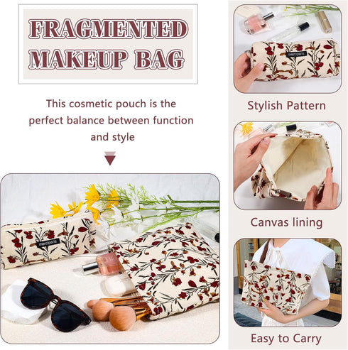 2Pcs Flower Makeup Bag Cute Floral Travel Cosmetic Bag Set for Women Girls Large Small Zipper Makeup Pouch for Purse Pencil Pouch Aesthetic Portab...