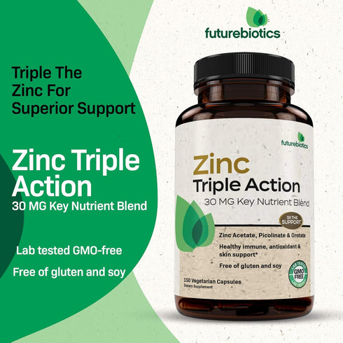 Futurebiotics Zinc Triple Action 30mg Key Nutrient Blend Immune Support Zinc Supplement with Zinc Acetate, Picolinate & Orotate - Immune, Antioxid...