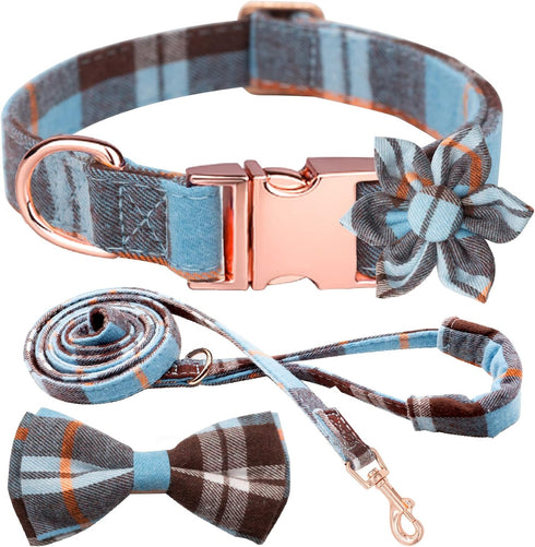 Plaid Dog Collar Leash Set Bow Tie Adjustable Cute Puppy Collar with Durable Metal Buckle Girls Boys Dog Collar for Small Medium Large Dogs Blue-M...